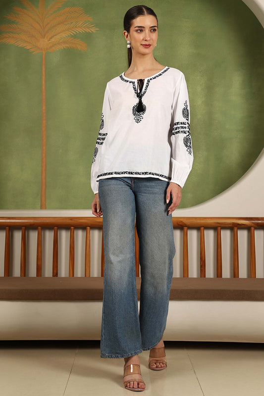 Aria Chikankari Top with Black Thread & Balloon Sleeves – White