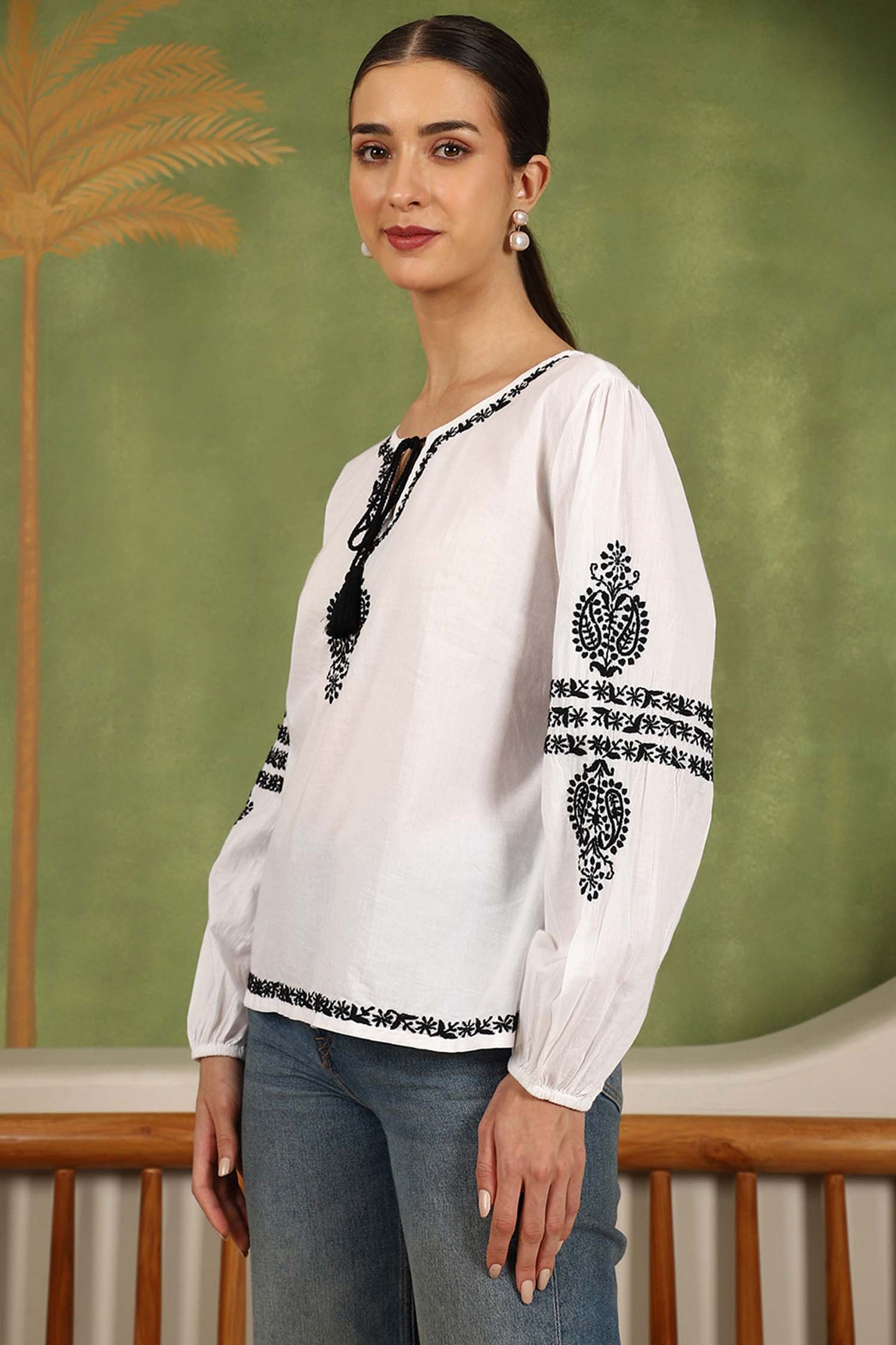 Aria Chikankari Top with Black Thread & Balloon Sleeves – White