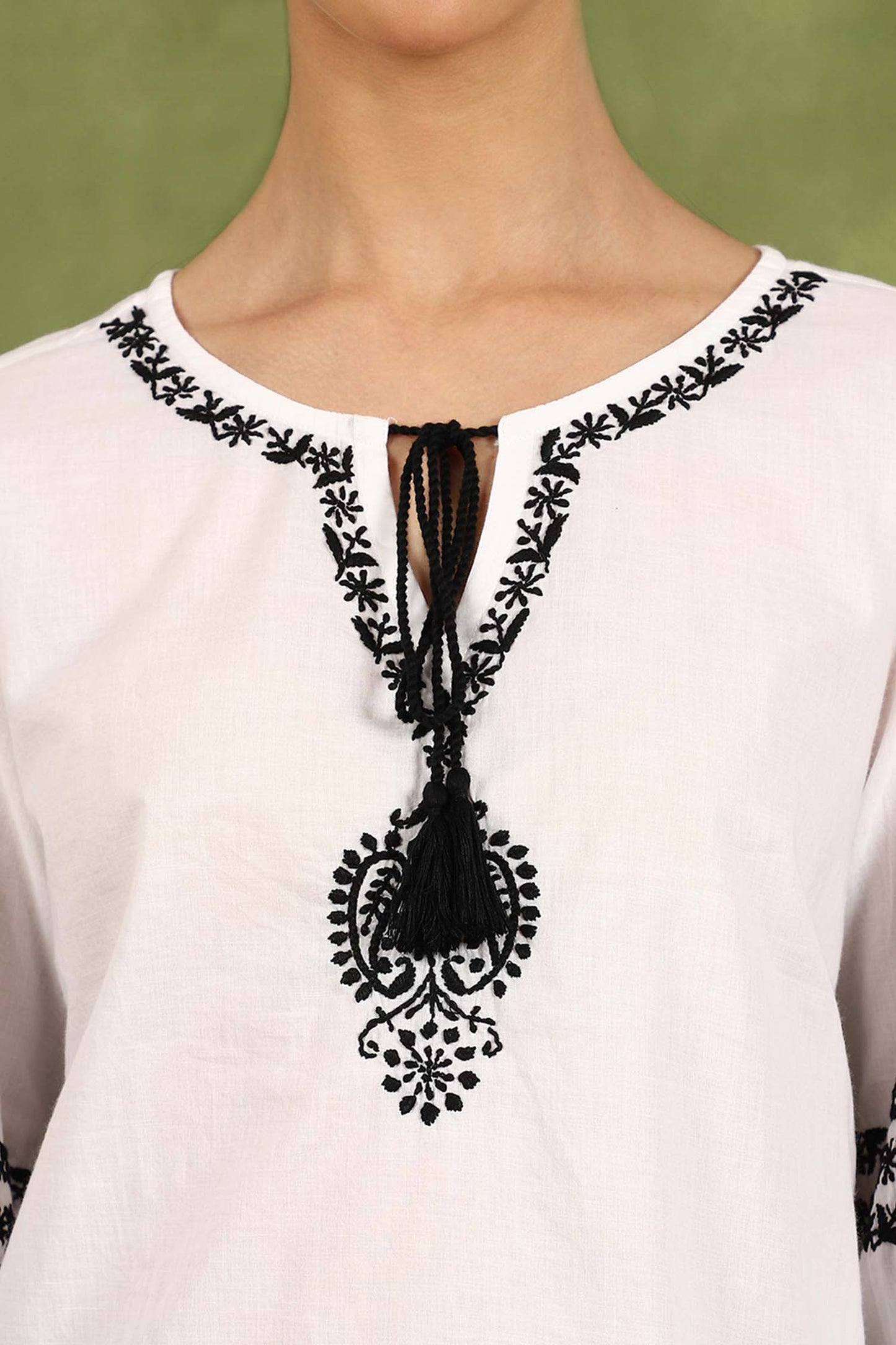 Aria Chikankari Top with Black Thread & Balloon Sleeves – White
