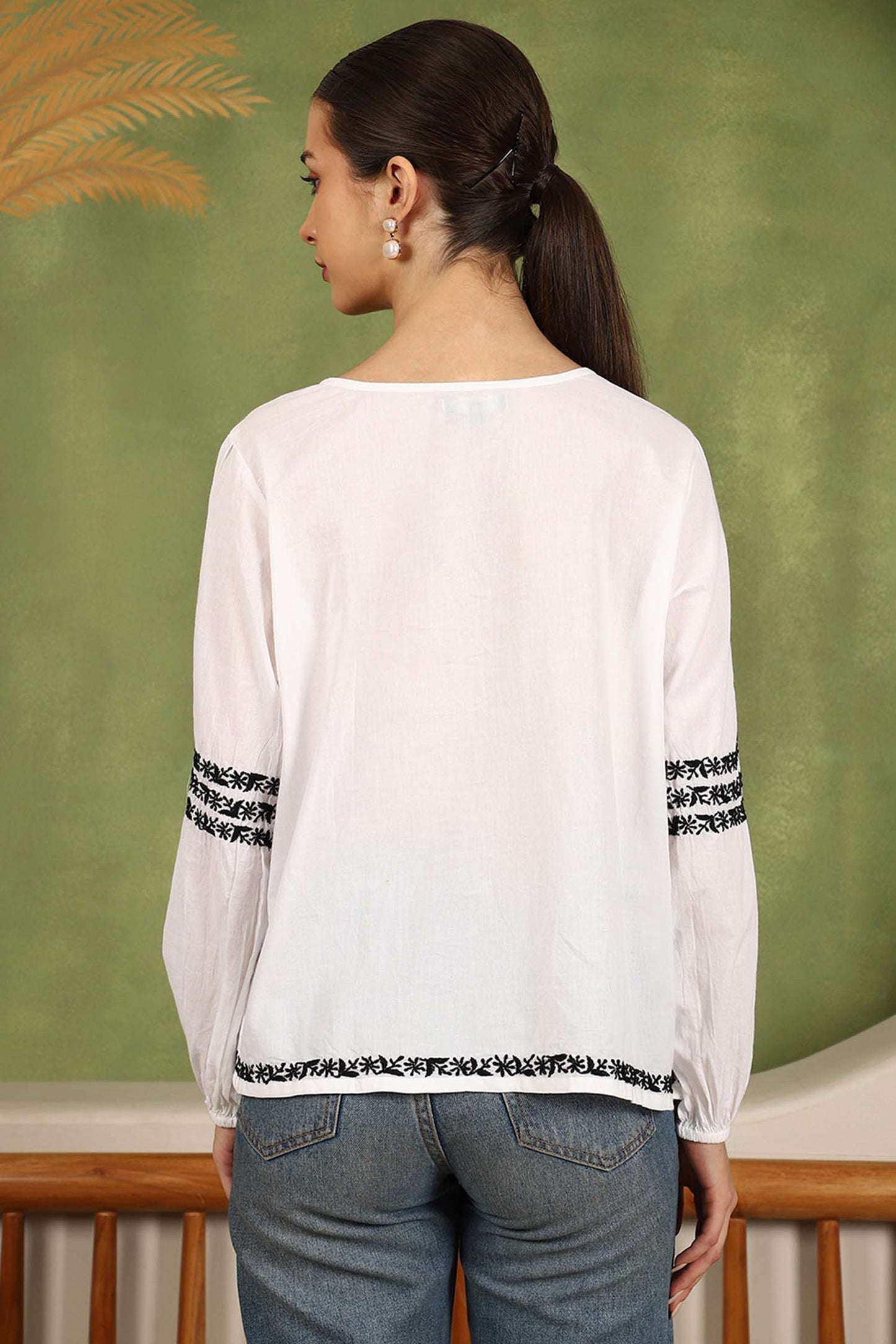 Aria Chikankari Top with Black Thread & Balloon Sleeves – White