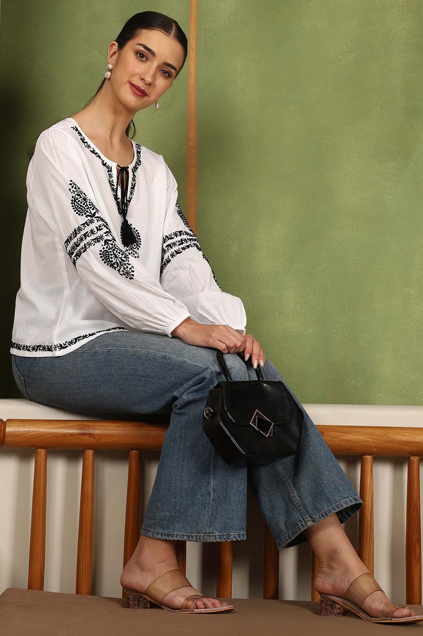 Aria Chikankari Top with Black Thread & Balloon Sleeves – White