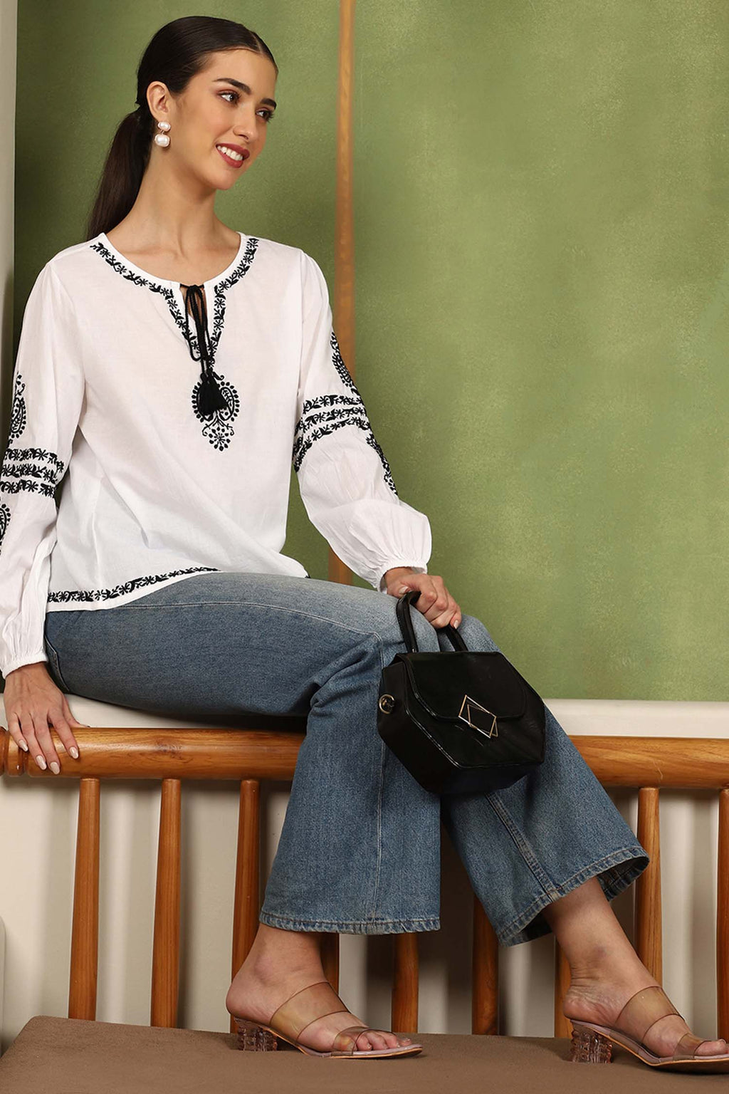Aria Chikankari Top with Black Thread & Balloon Sleeves – White
