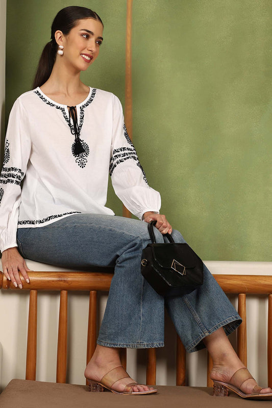 Aria Chikankari Top with Black Thread & Balloon Sleeves – White
