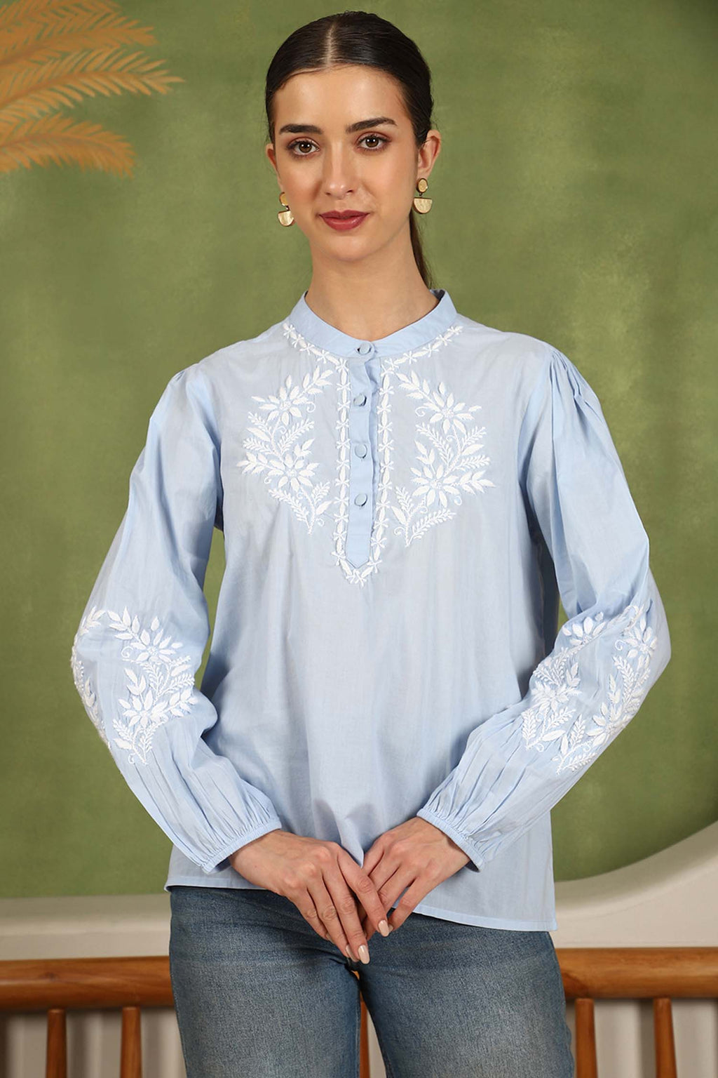 Freya Chikankari Top with White Boota – Blue