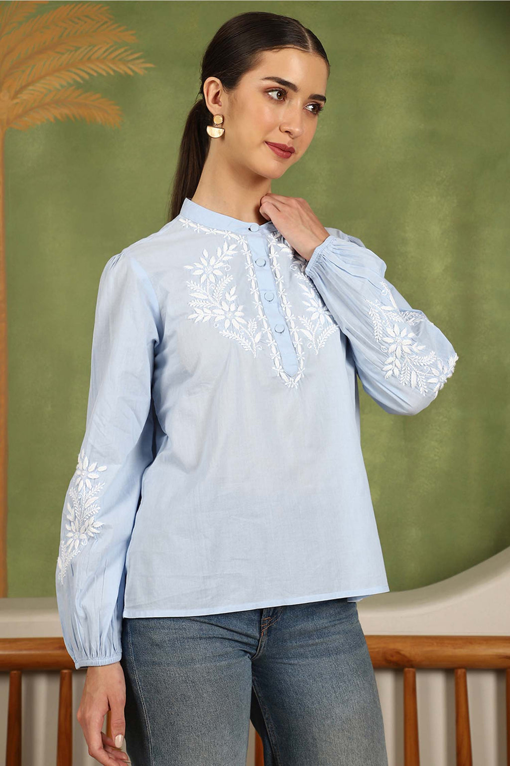 Freya Chikankari Top with White Boota – Blue