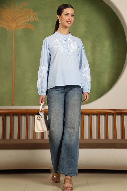 Freya Chikankari Top with White Boota – Blue