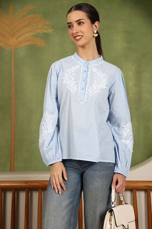 Freya Chikankari Top with White Boota – Blue