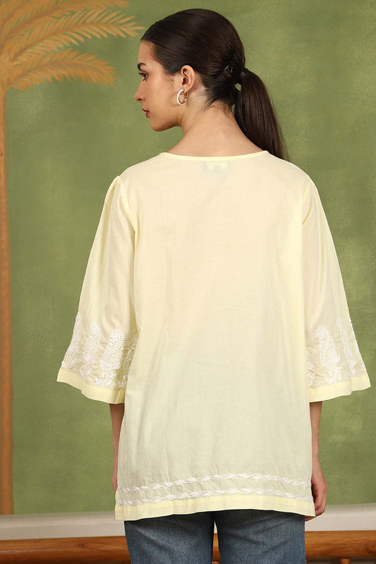 Elani Chikankari Top with White Boota & Bell Sleeves – Yellow