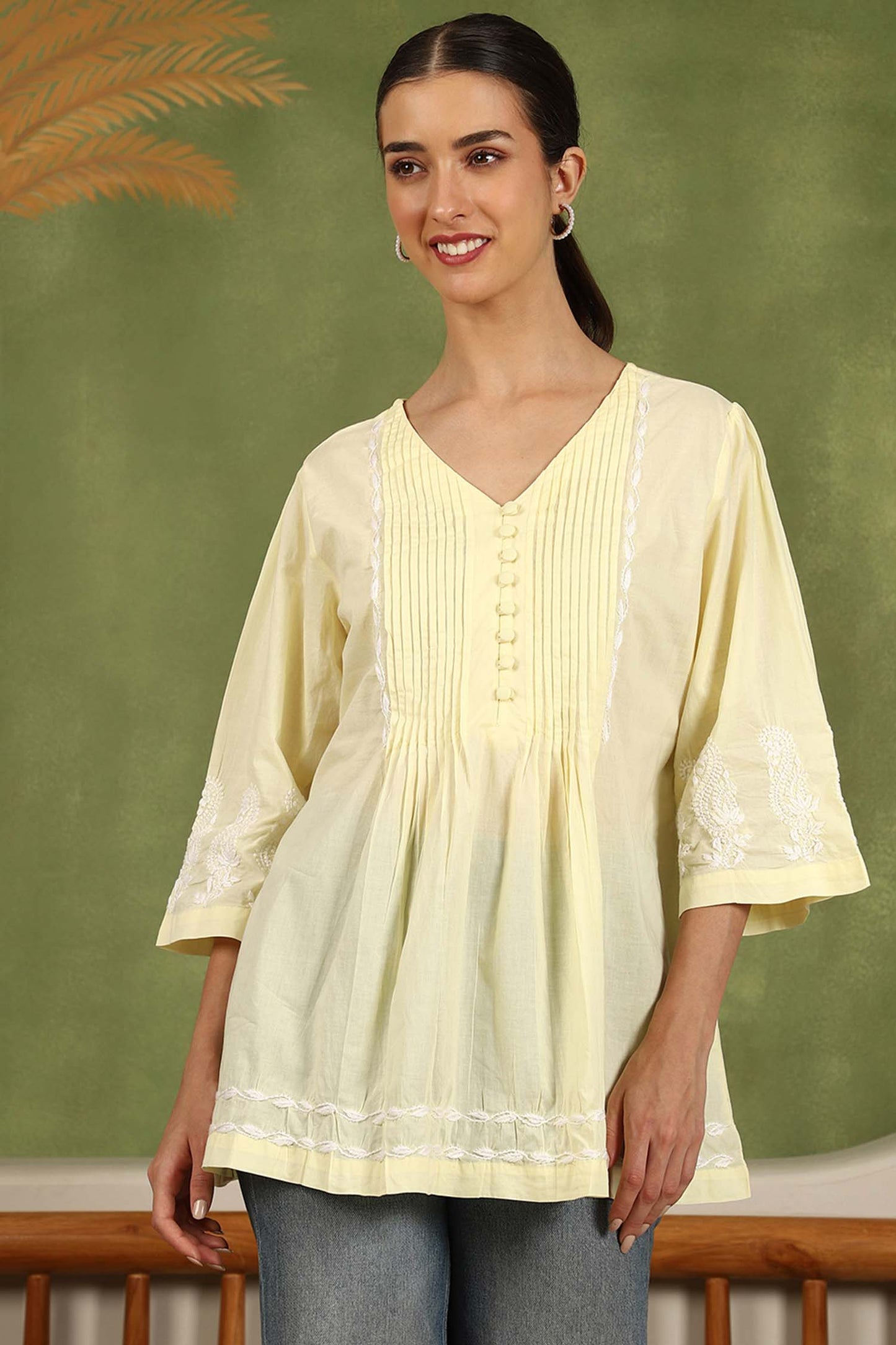 Elani Chikankari Top with White Boota & Bell Sleeves – Yellow