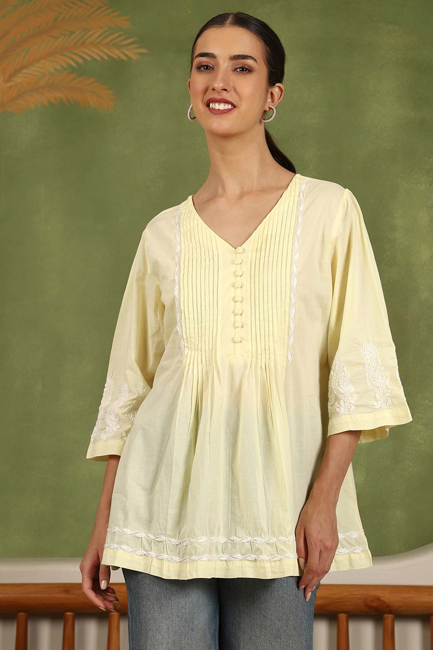 Elani Chikankari Top with White Boota & Bell Sleeves – Yellow