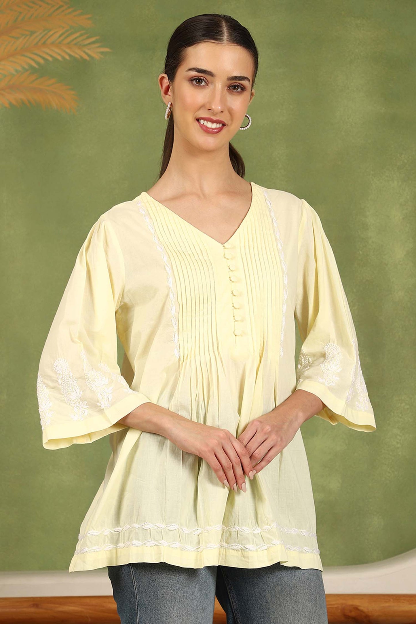 Elani Chikankari Top with White Boota & Bell Sleeves – Yellow