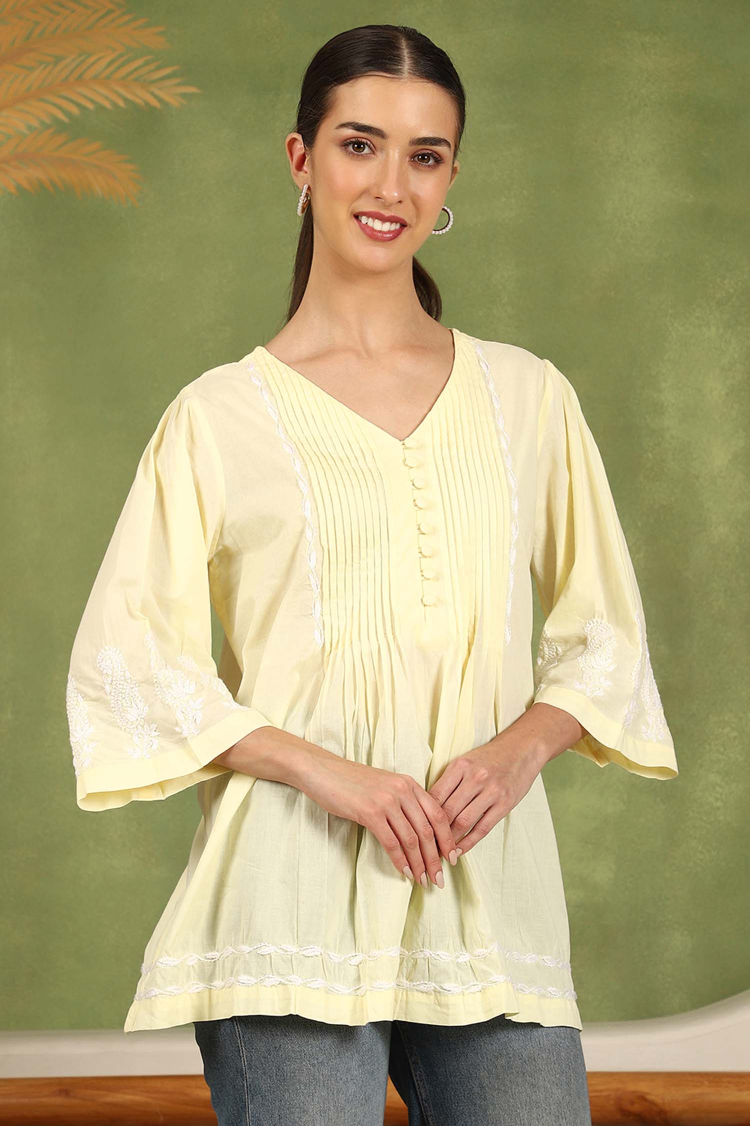 Elani Chikankari Top with White Boota & Bell Sleeves – Yellow