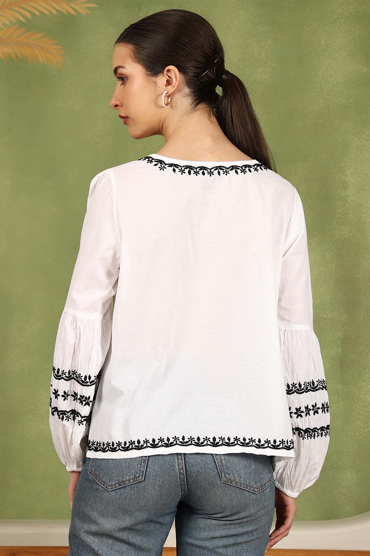 Felicia Chikankari Top with Black Thread & Balloon Sleeves- White