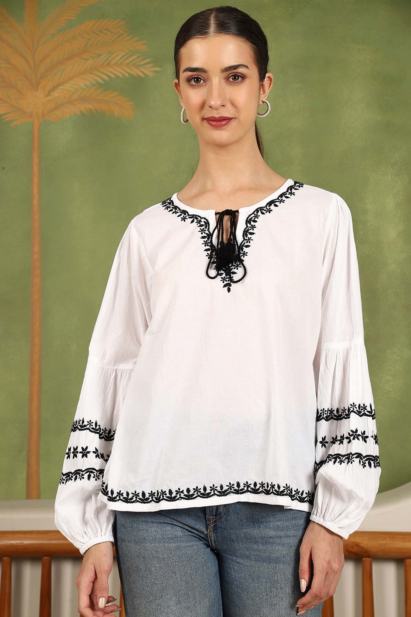 Felicia Chikankari Top with Black Thread & Balloon Sleeves- White