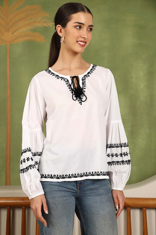 Felicia Chikankari Top with Black Thread & Balloon Sleeves- White