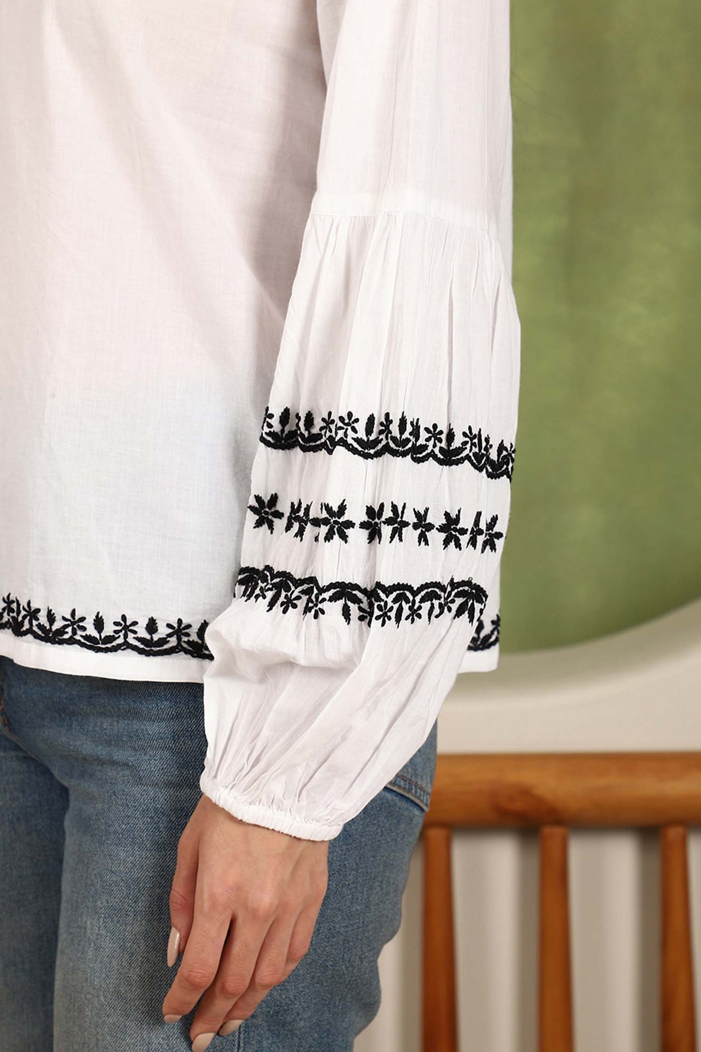 Felicia Chikankari Top with Black Thread & Balloon Sleeves- White