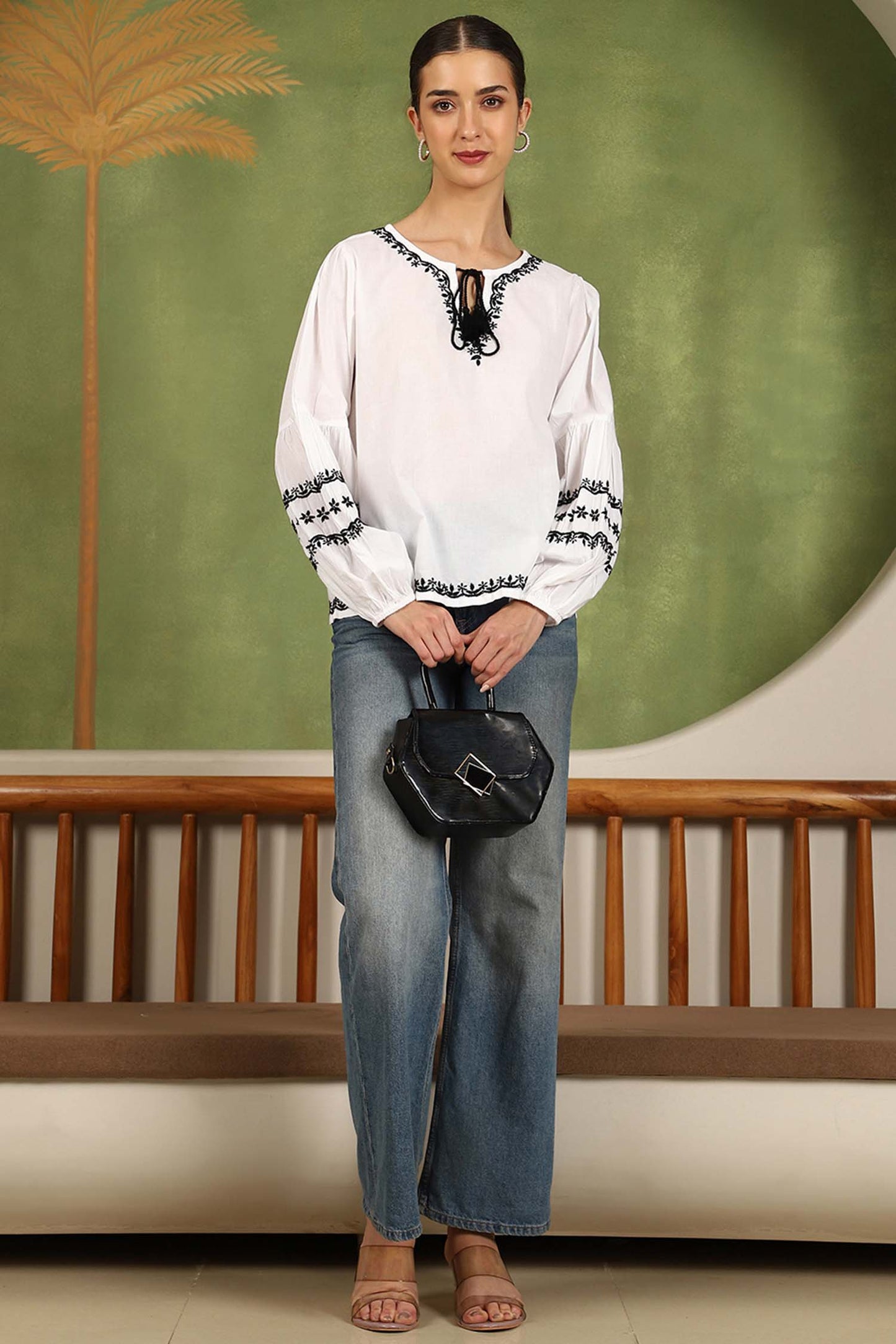 Felicia Chikankari Top with Black Thread & Balloon Sleeves- White