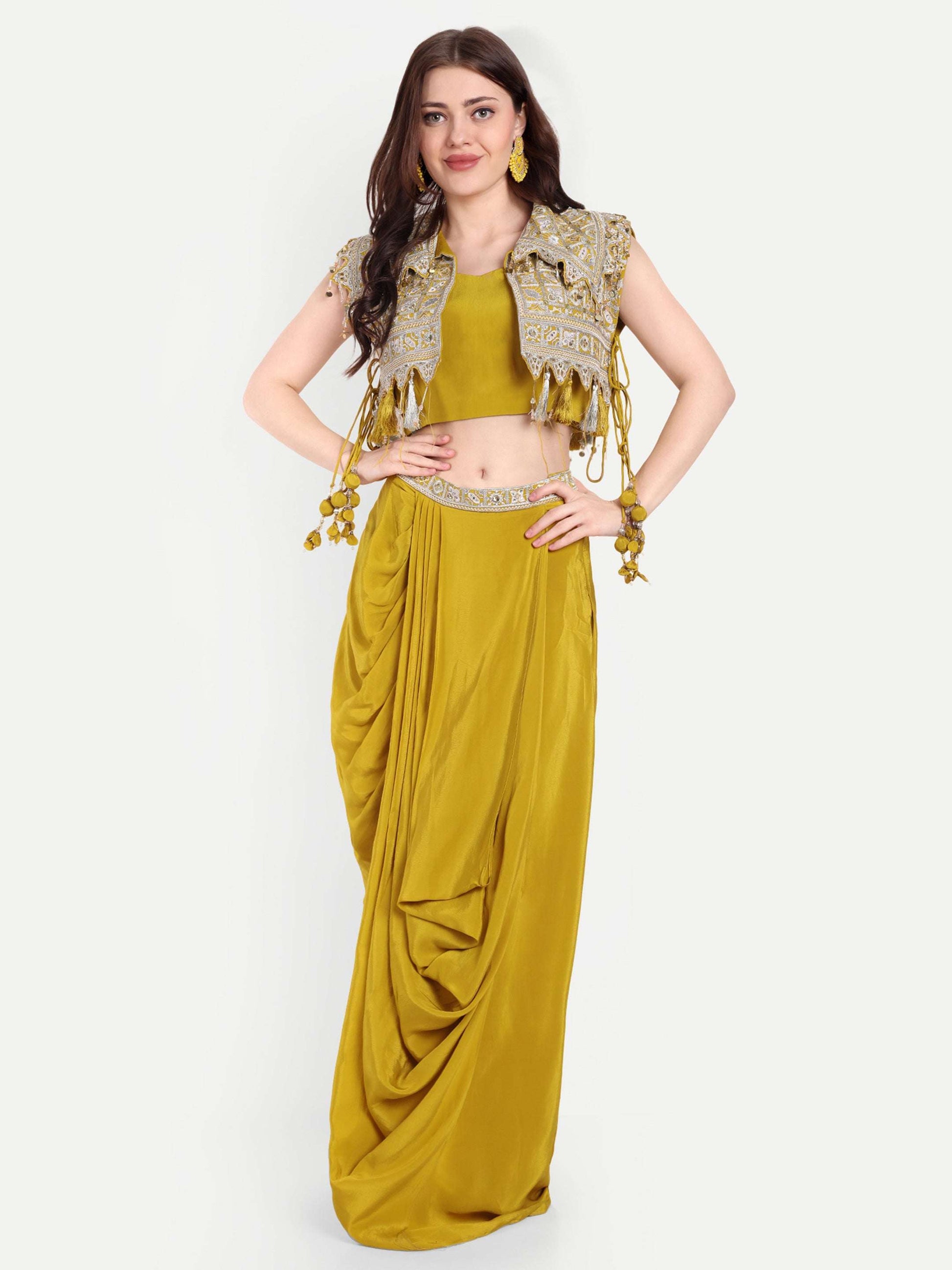 Mustard top with a matching cropped Jacket with cut work and tassels