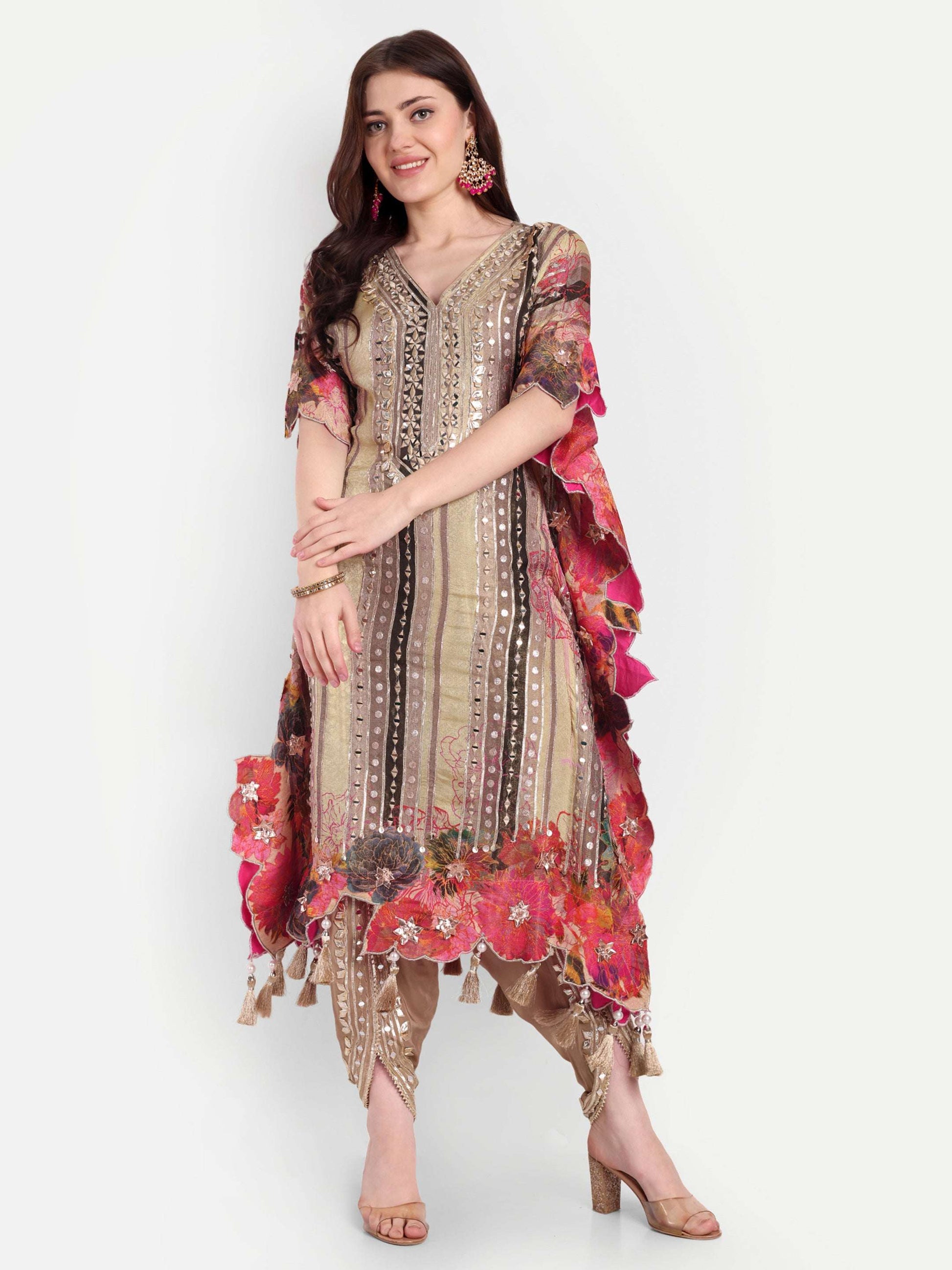 Ethnic wear with our handcrafted pink and beige kaftan