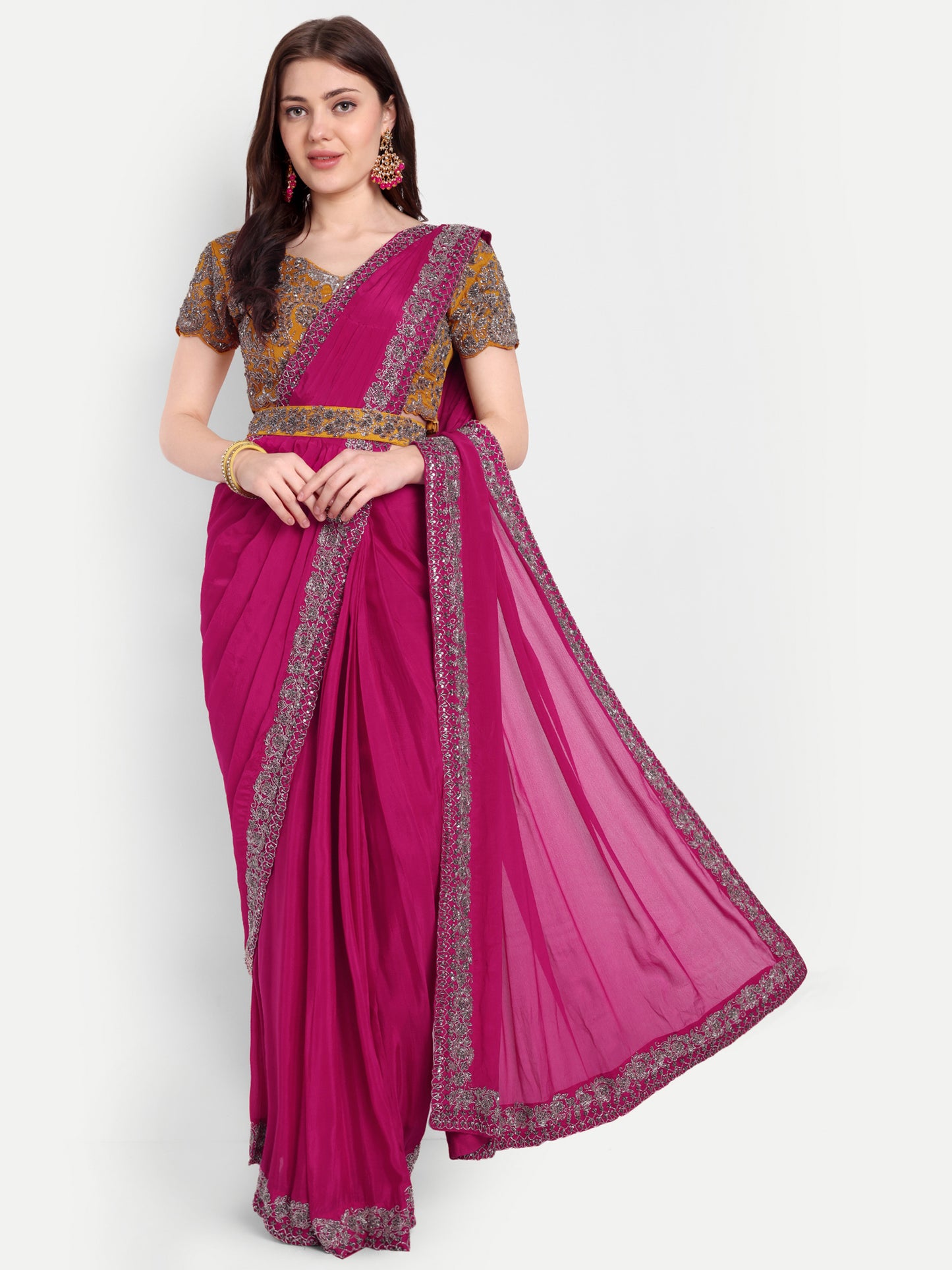 Stunning Pink Yellow Satin Fabric Embroidery Saree with Heavy Stonework