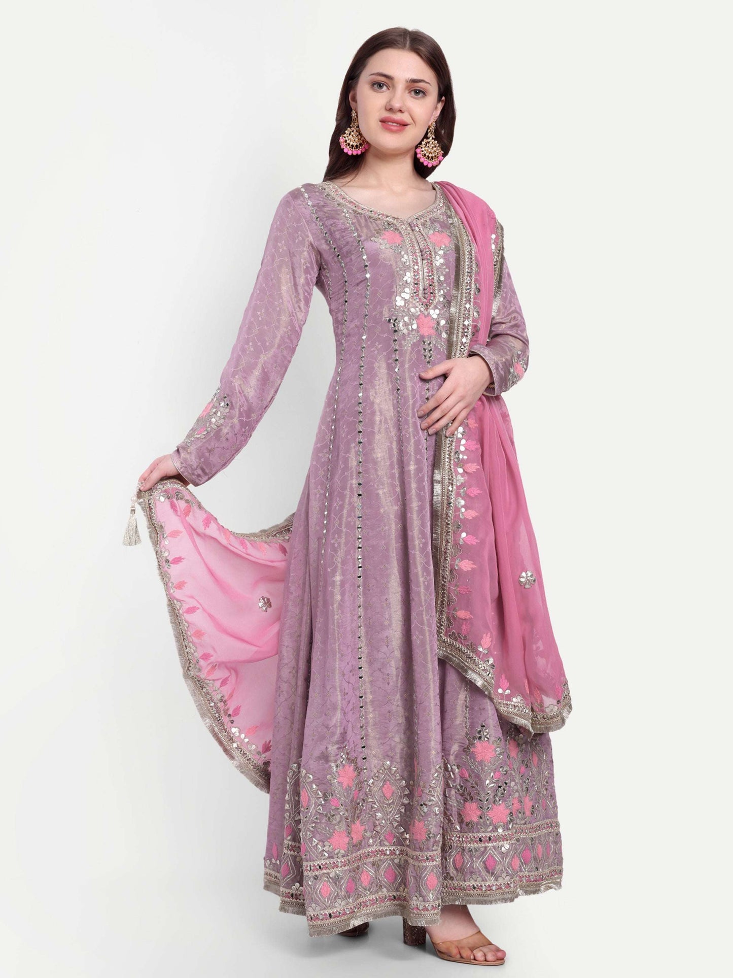 v-neck pink long Anarkali style Kurta set 