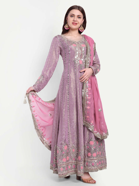 v-neck pink long Anarkali style Kurta set 