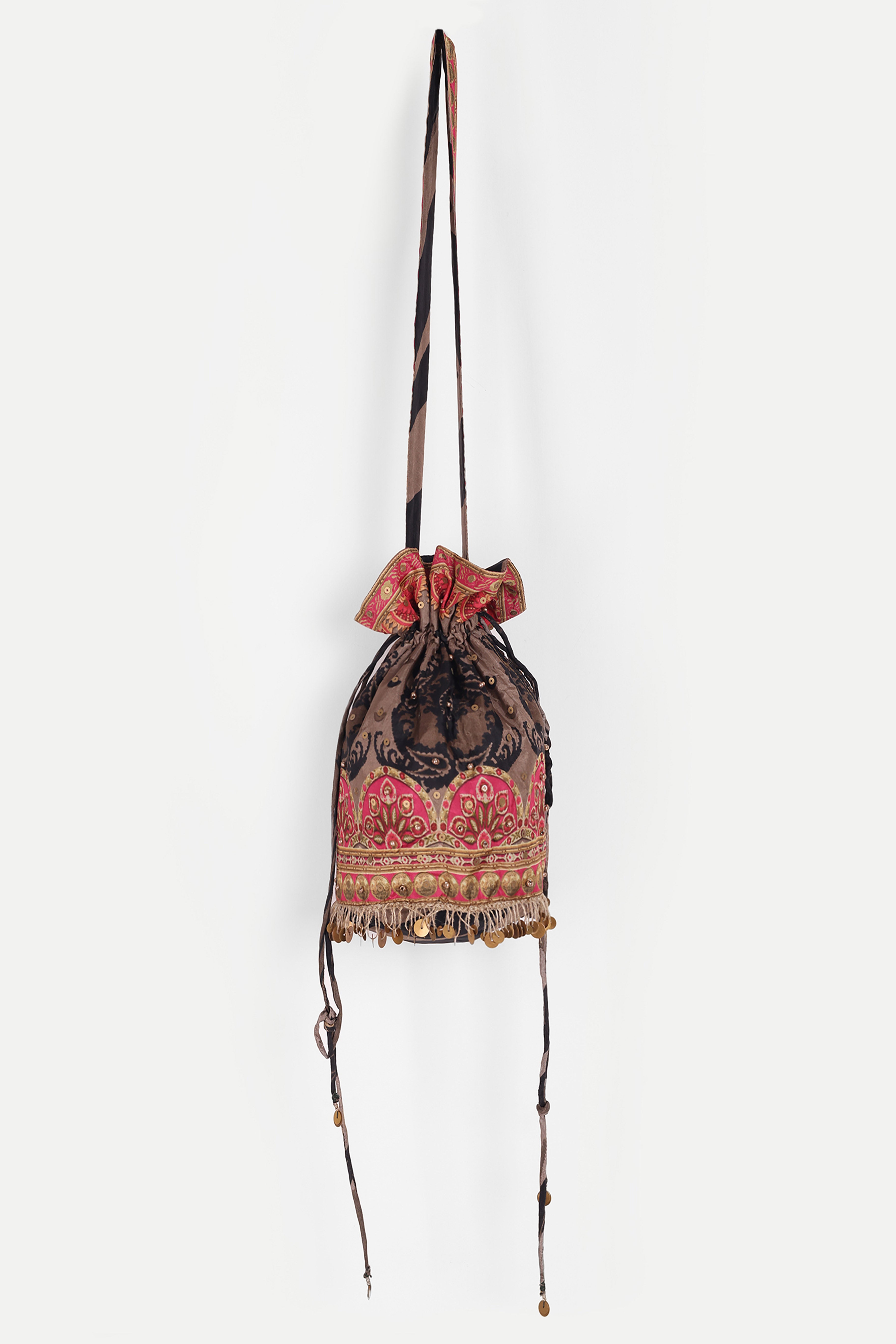 Black And Brown Kurta Set With Potli Bag
