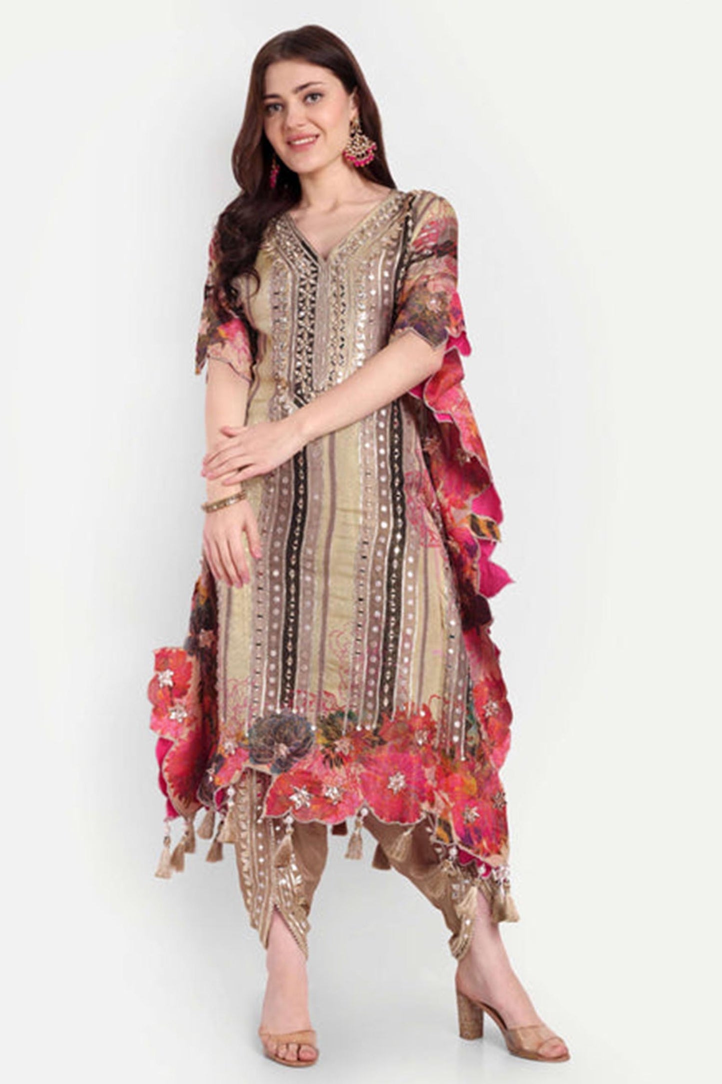 Beige Gota Patti Floral Embroidered Kaftan Set