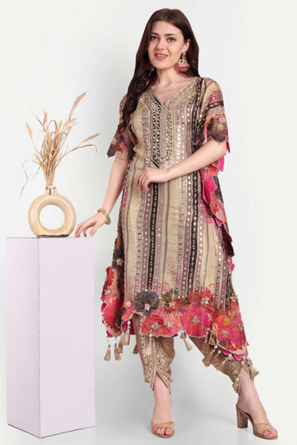 Beige Gota Patti Floral Embroidered Kaftan Set