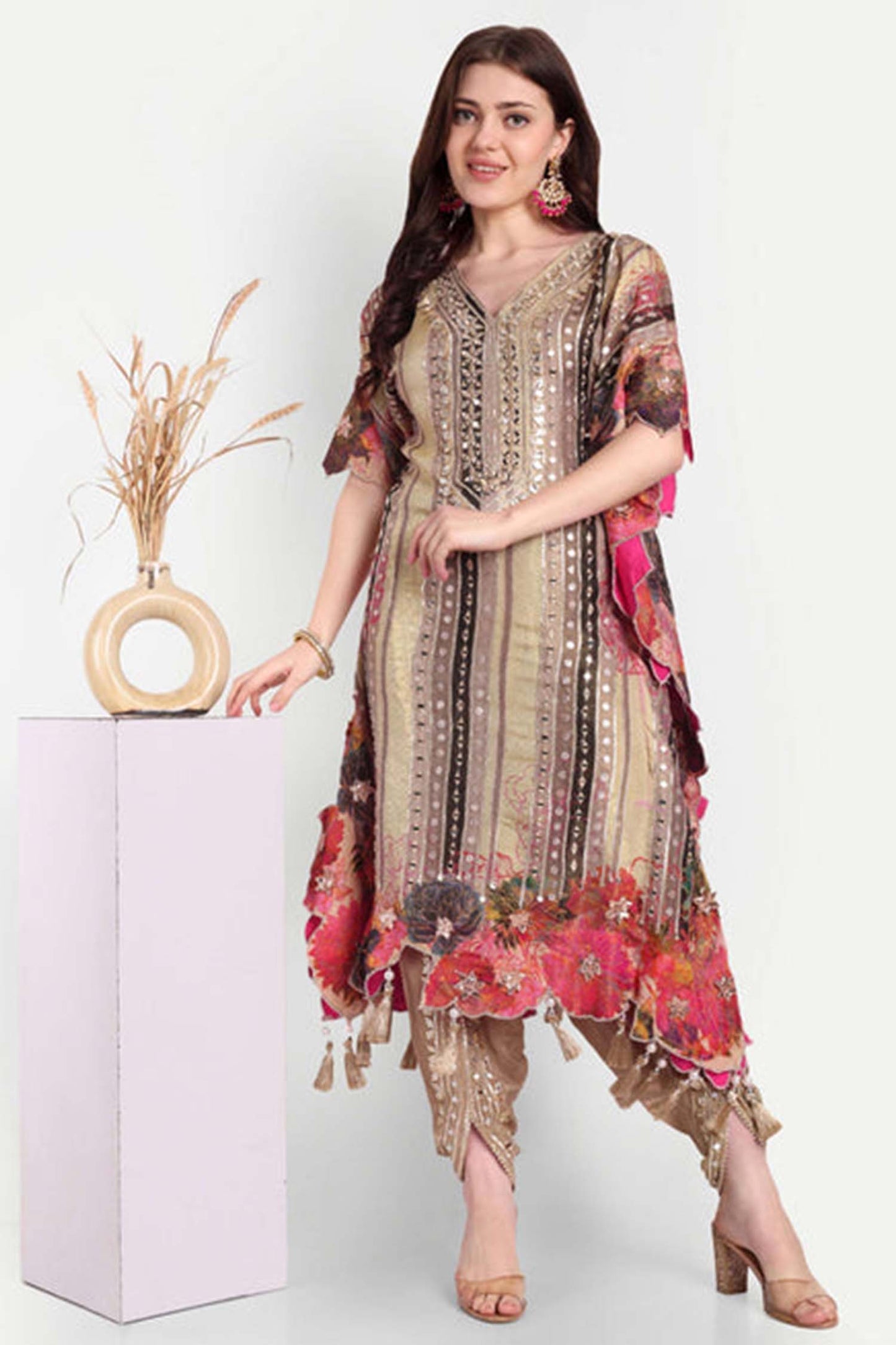 Beige Gota Patti Floral Embroidered Kaftan Set