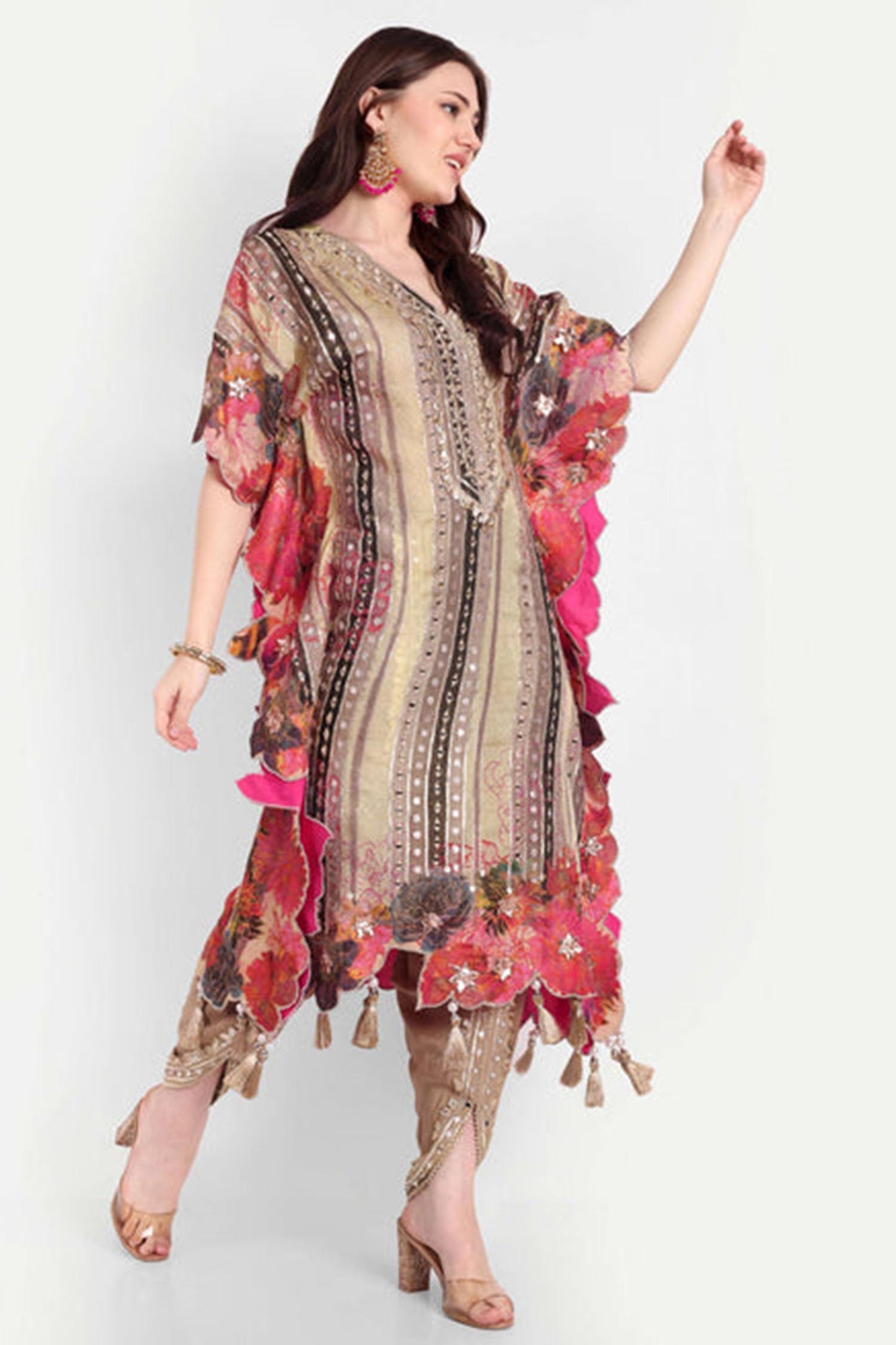 Beige Gota Patti Floral Embroidered Kaftan Set