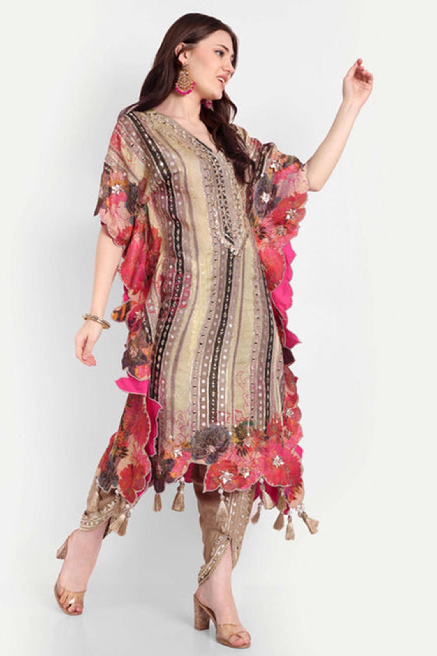 Beige Gota Patti Floral Embroidered Kaftan Set
