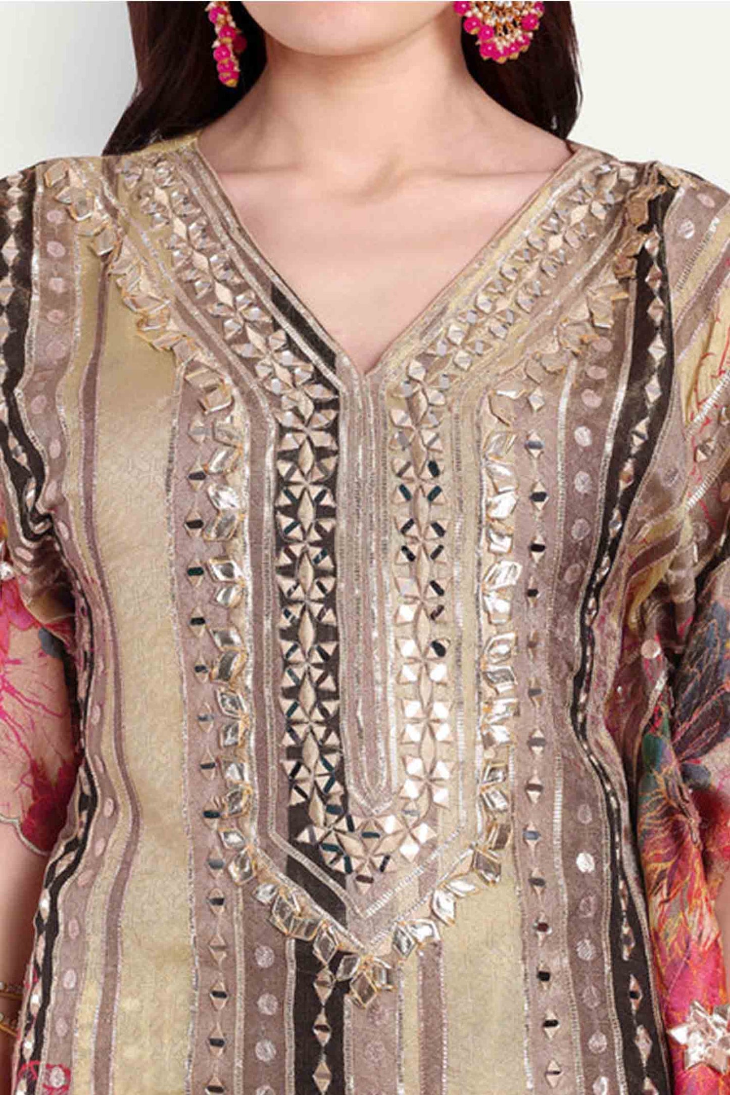 Beige Gota Patti Floral Embroidered Kaftan Set