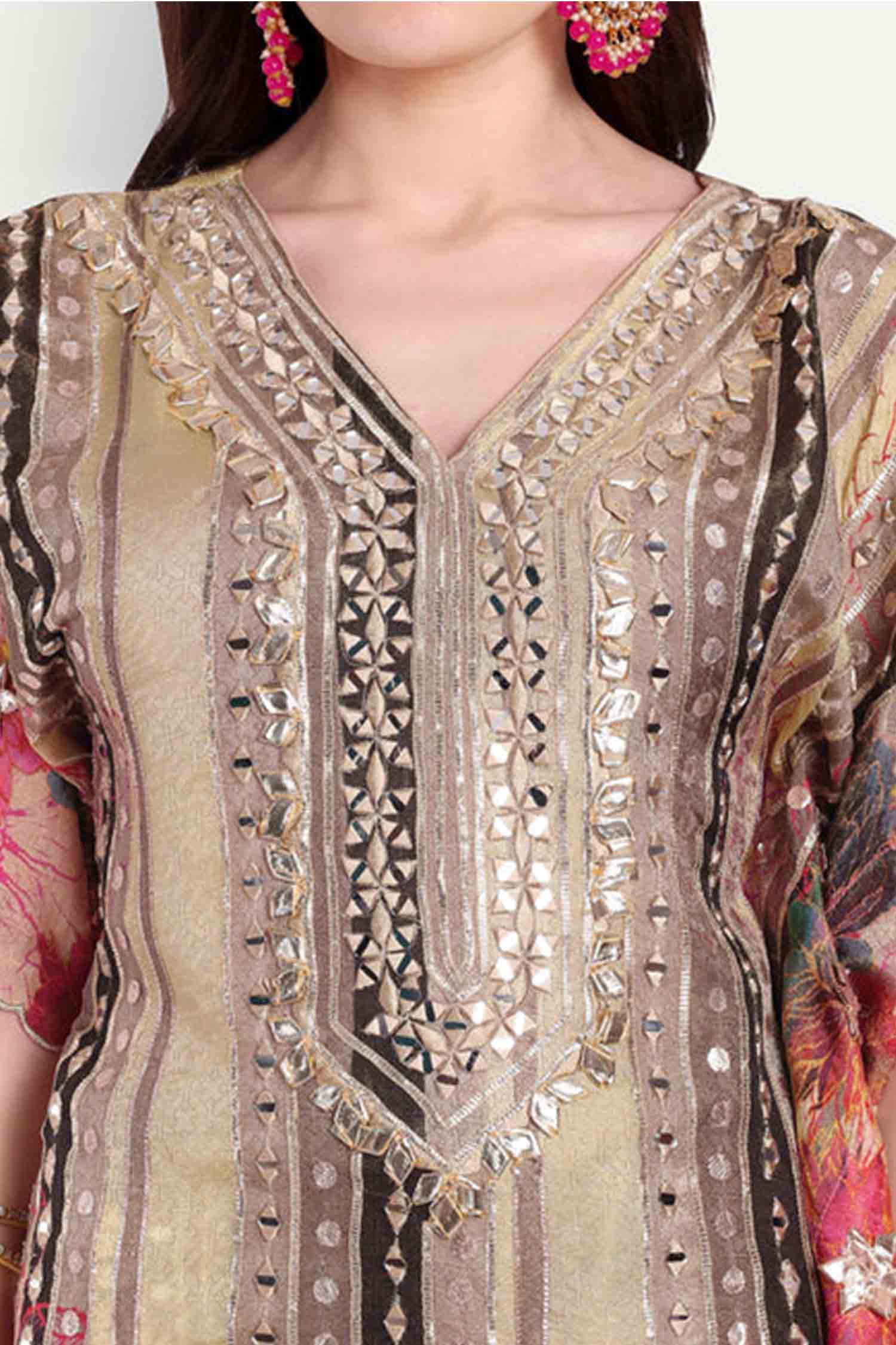 Beige Gota Patti Floral Embroidered Kaftan Set