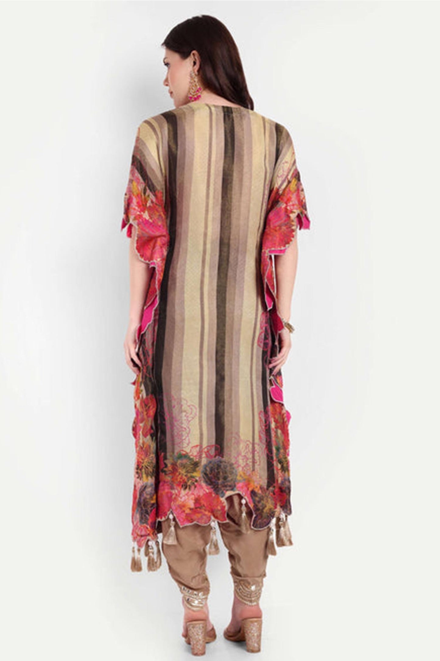 Beige Gota Patti Floral Embroidered Kaftan Set