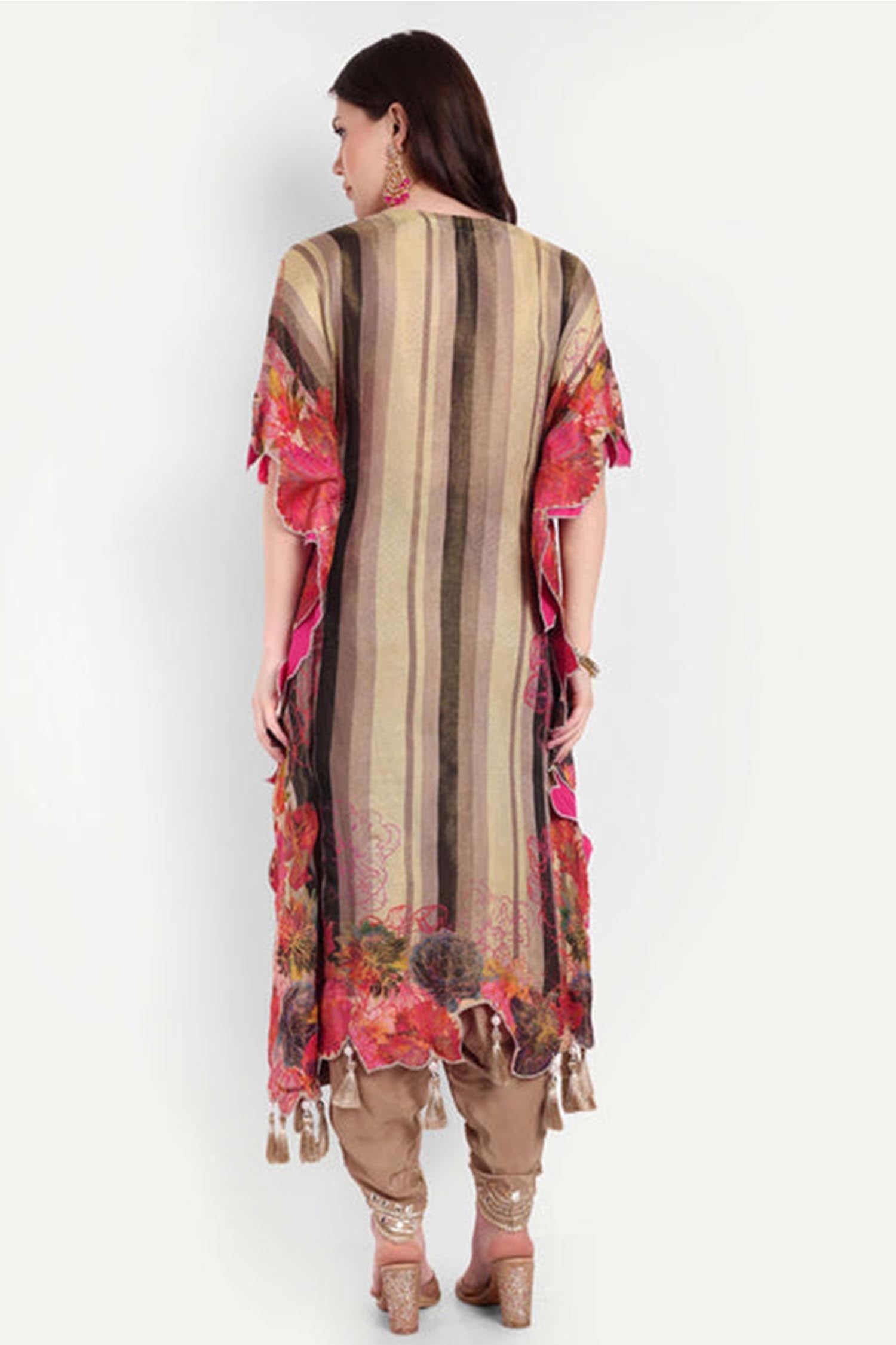 Beige Gota Patti Floral Embroidered Kaftan Set