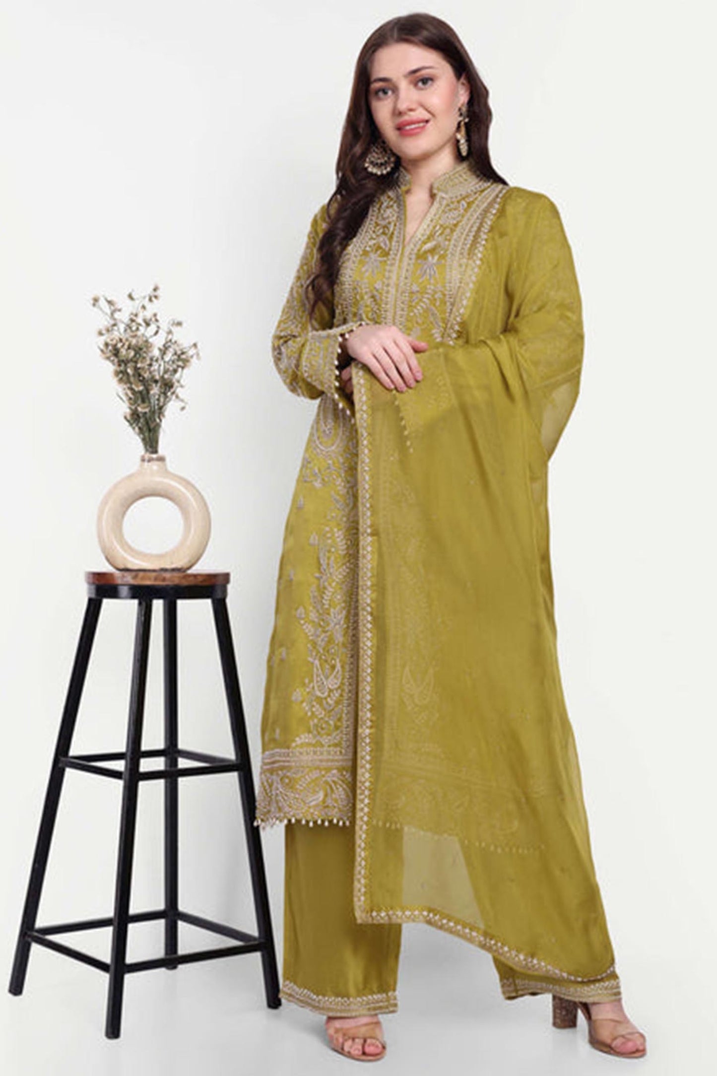 Green Kurta Set With Moti Work
