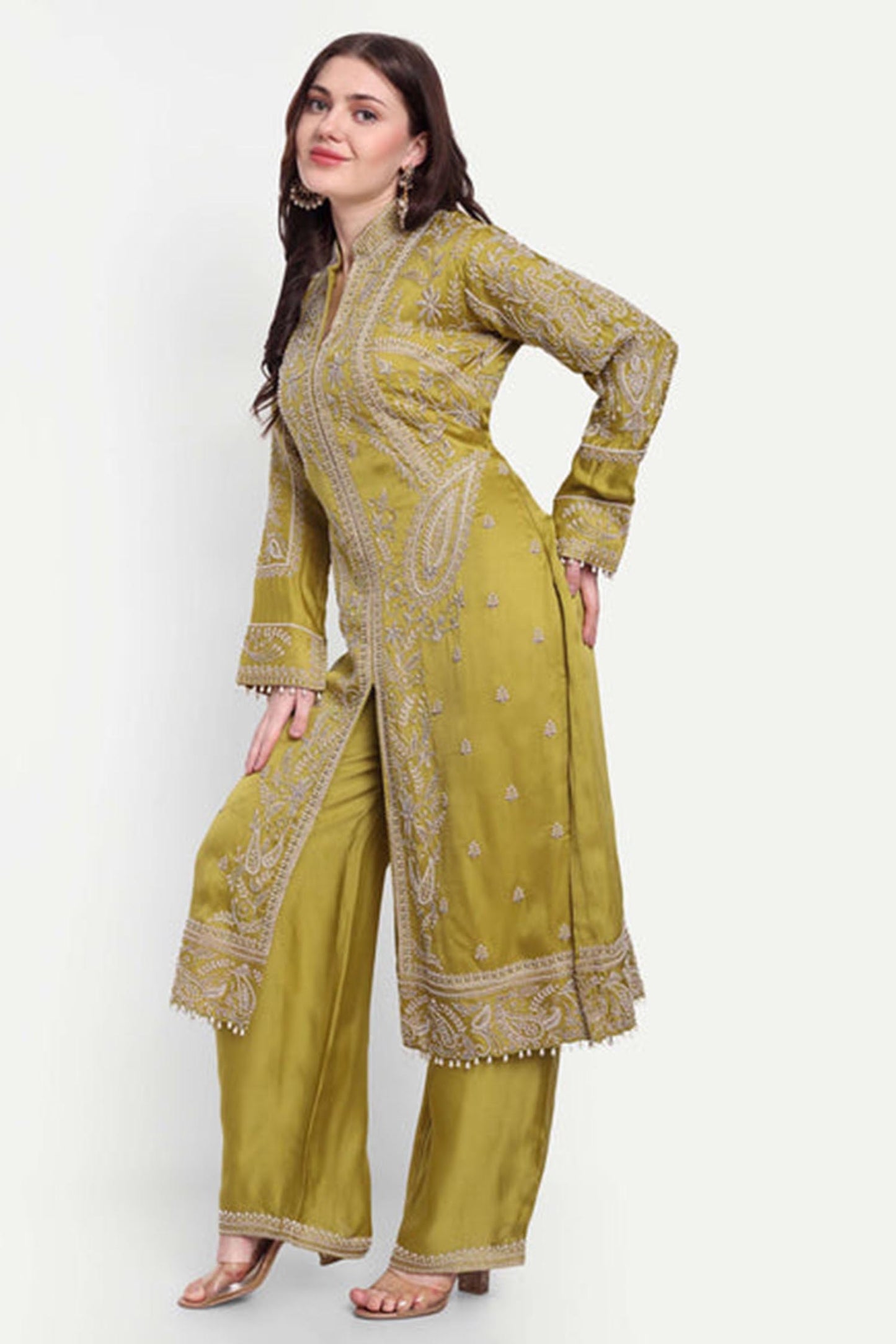 Green Kurta Set With Moti Work