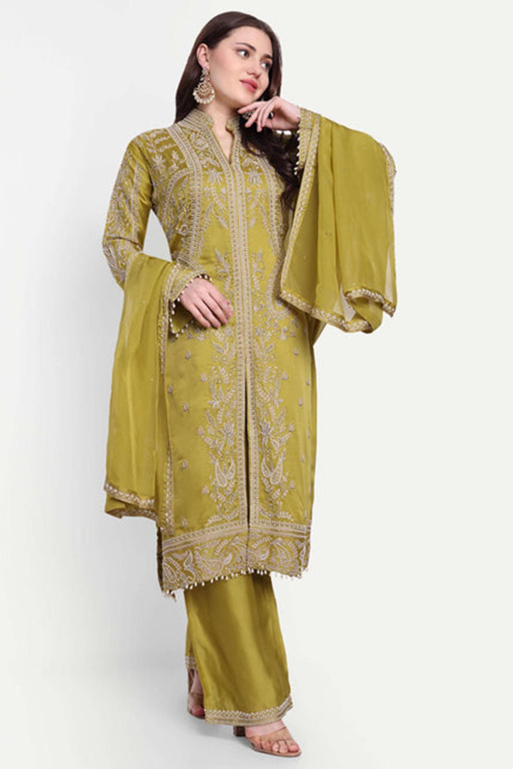 Green Kurta Set With Moti Work