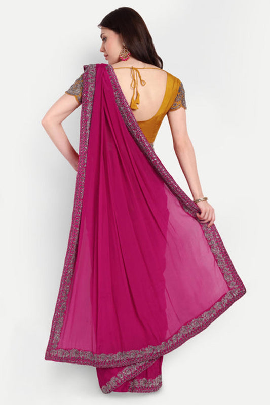 Pink And Yellow Ready-To-Wear Heavy Embroidered Saree