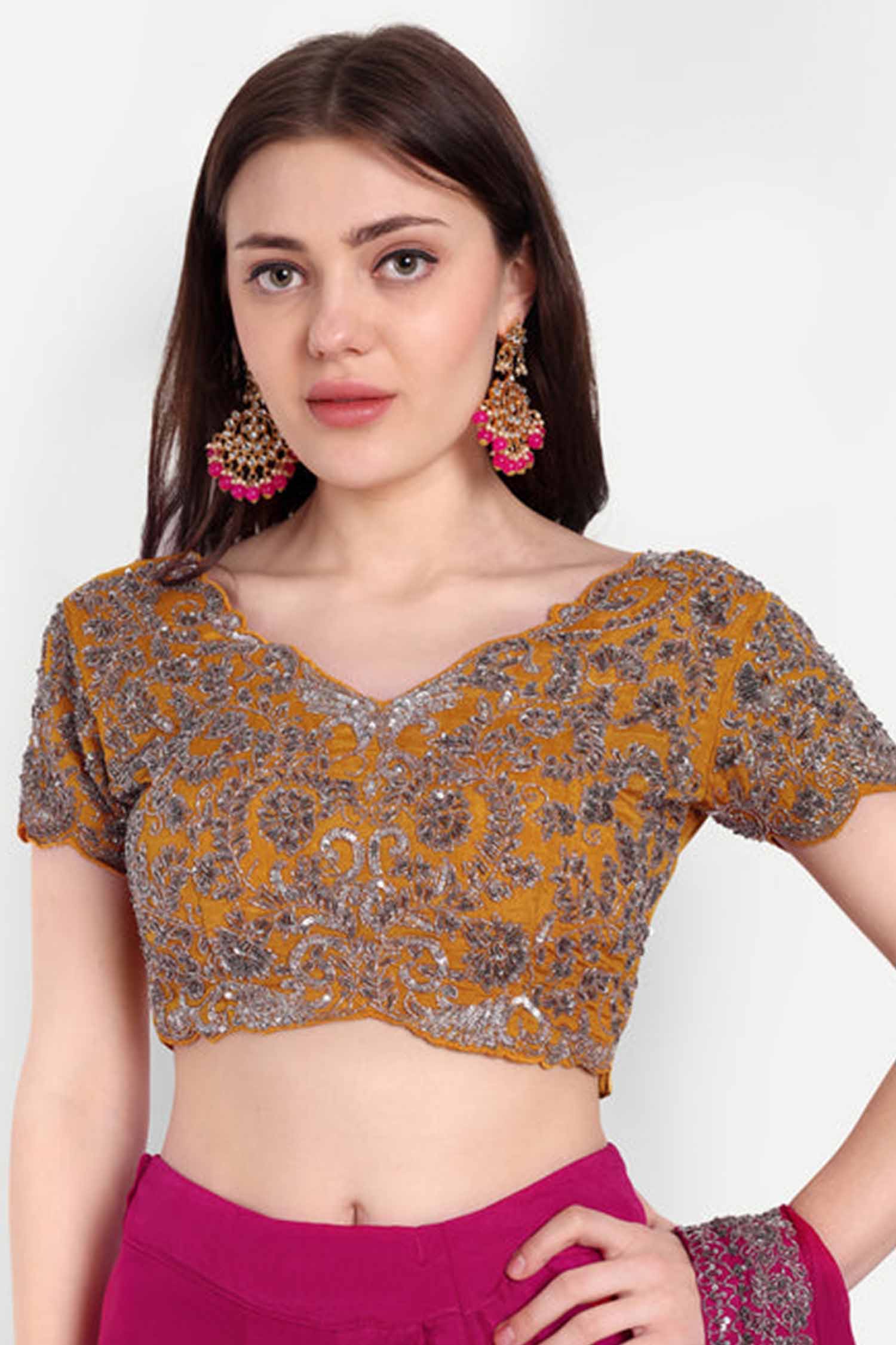 Pink And Yellow Ready-To-Wear Heavy Embroidered Saree