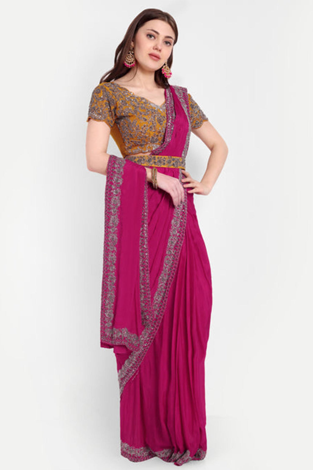 Pink And Yellow Ready-To-Wear Heavy Embroidered Saree