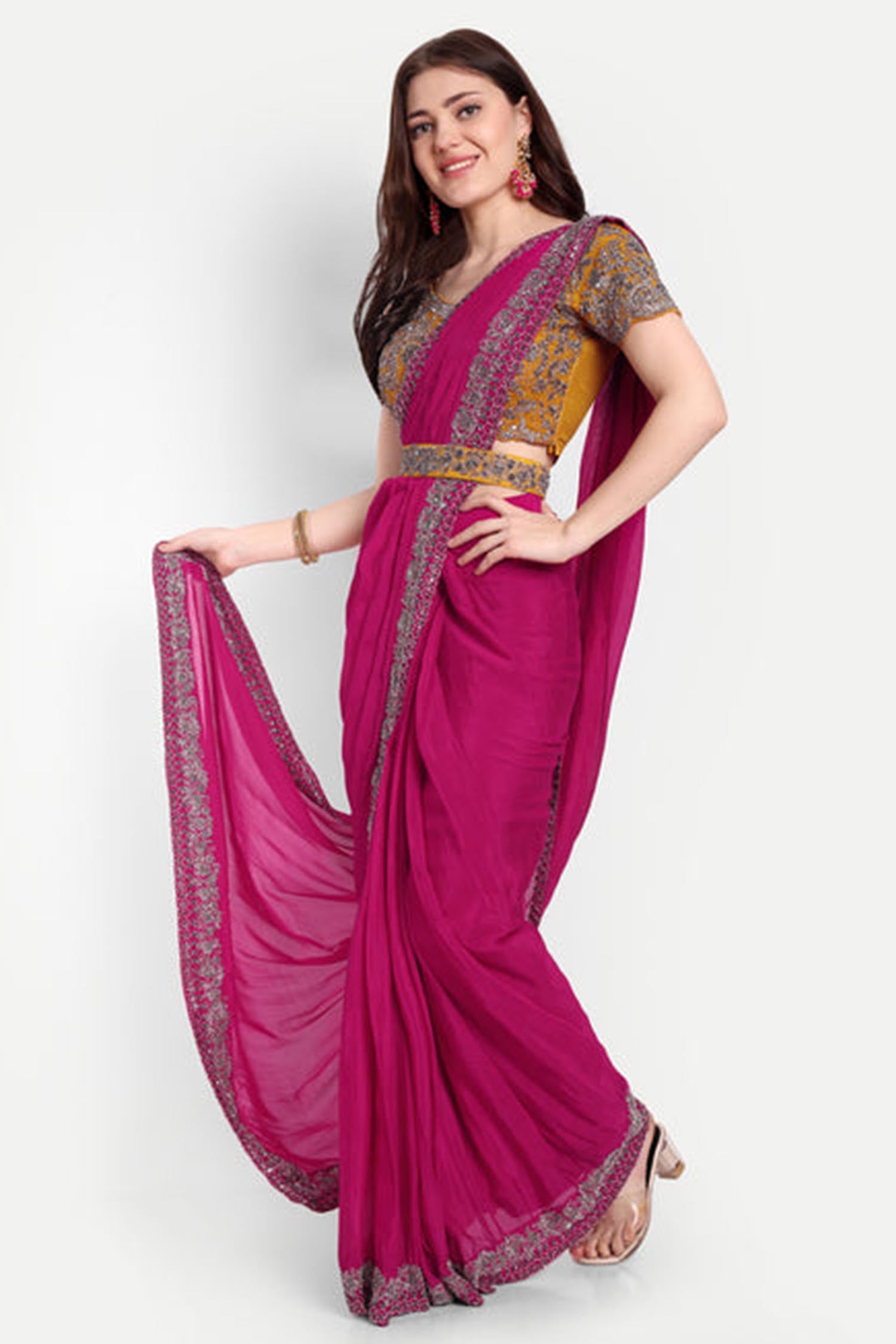Pink And Yellow Ready-To-Wear Heavy Embroidered Saree