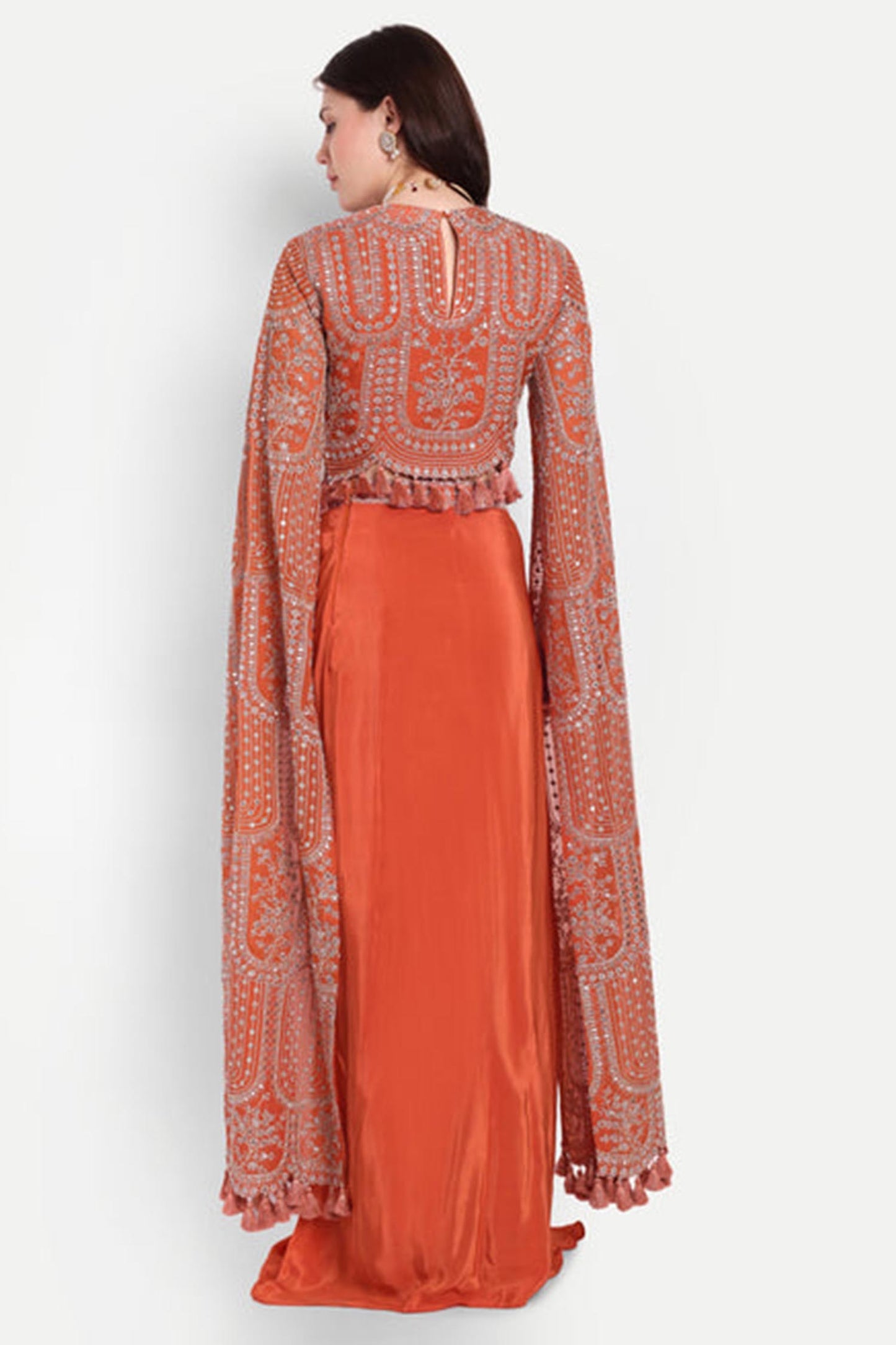 Orange Set Of Long Sleeves Top And Dhoti Skirt