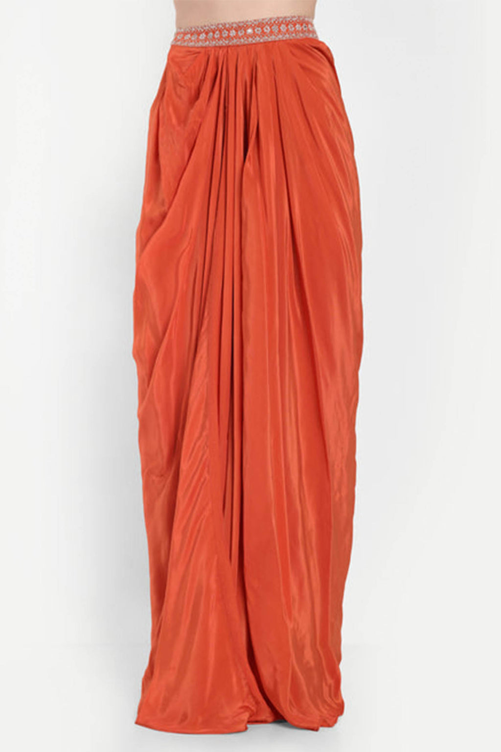 Orange Set Of Long Sleeves Top And Dhoti Skirt