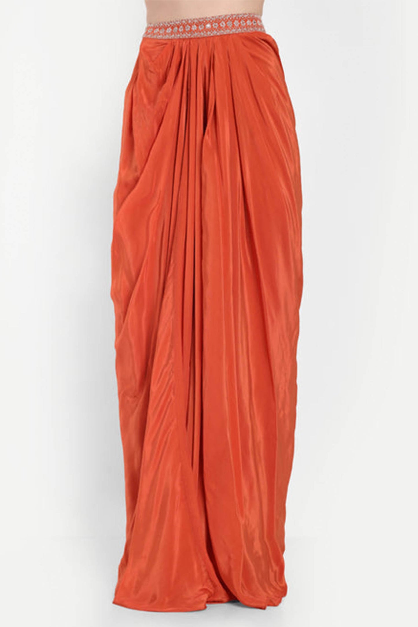 Orange Set Of Long Sleeves Top And Dhoti Skirt
