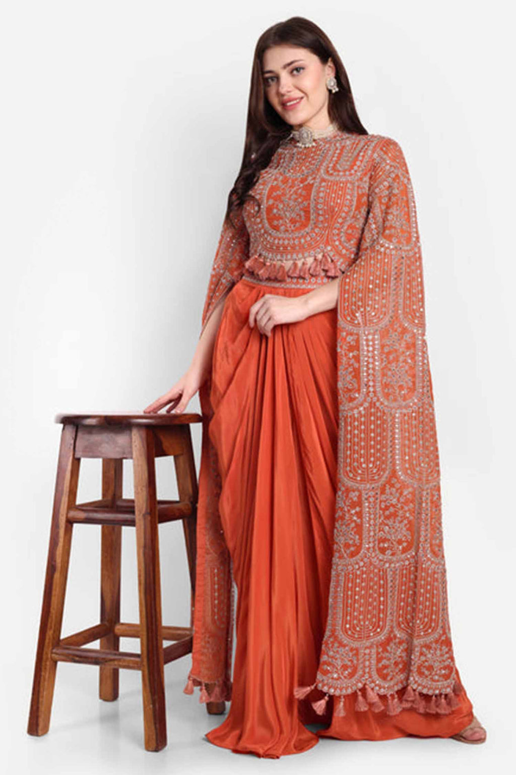 Orange Set Of Long Sleeves Top And Dhoti Skirt