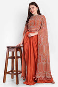 Orange Set Of Long Sleeves Top And Dhoti Skirt