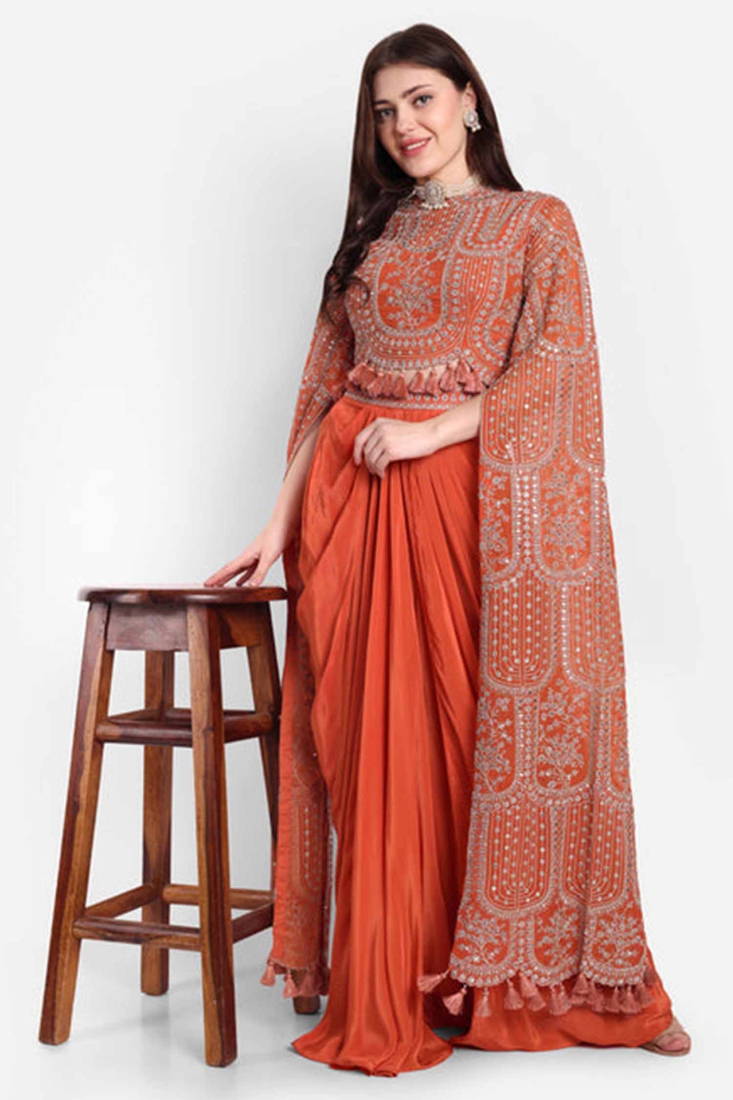 Orange Set Of Long Sleeves Top And Dhoti Skirt