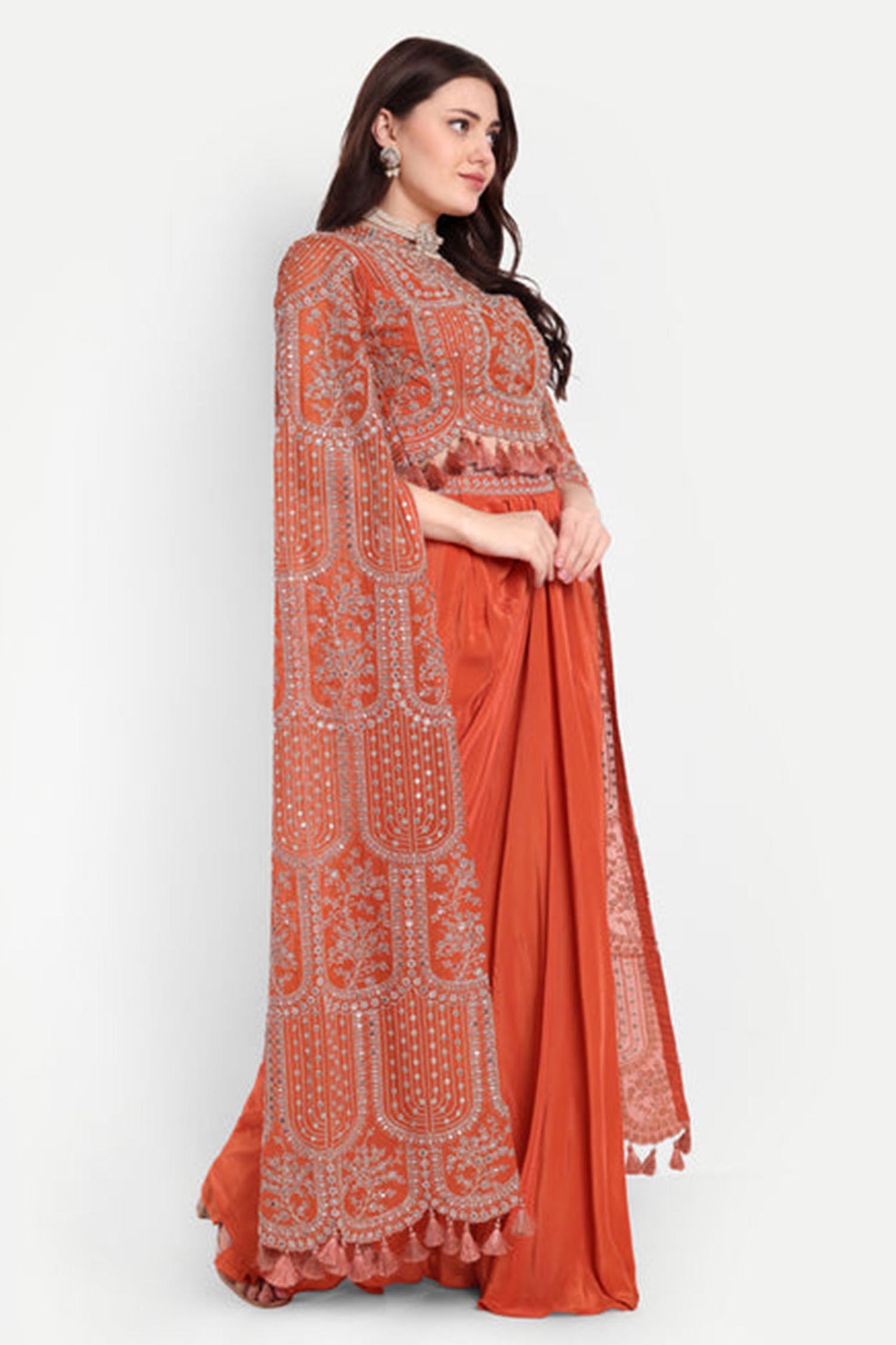 Orange Set Of Long Sleeves Top And Dhoti Skirt